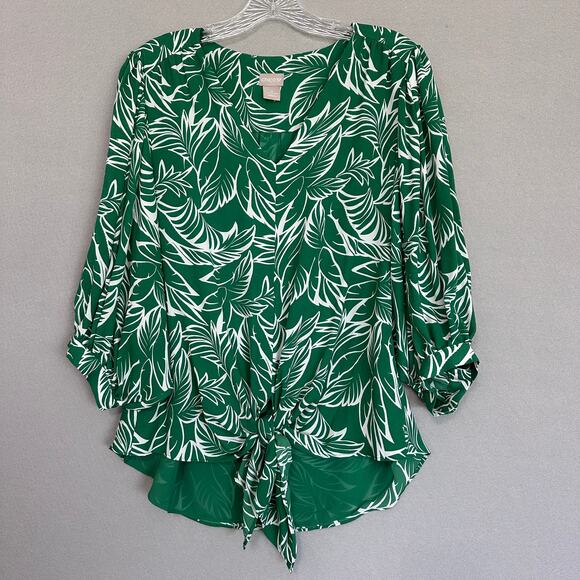 Chicos Tie-Front Green Palm V-Neck Tropical Blouse Green Sz 0 US 4/6 Small - Picture 4 of 11